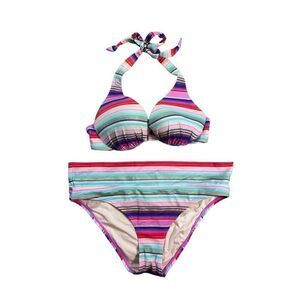 Victoria's Secret Matching Bikini Swim Set Padded Halter Top Multi Stripe 34C M